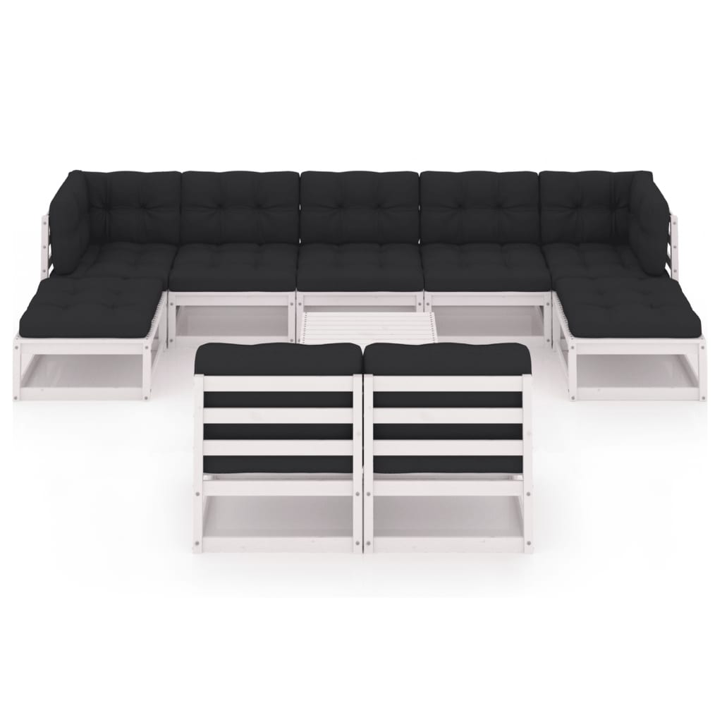 10-tlg. Garten-Lounge-Set mit Kissen Weiss Kiefer Massivholz